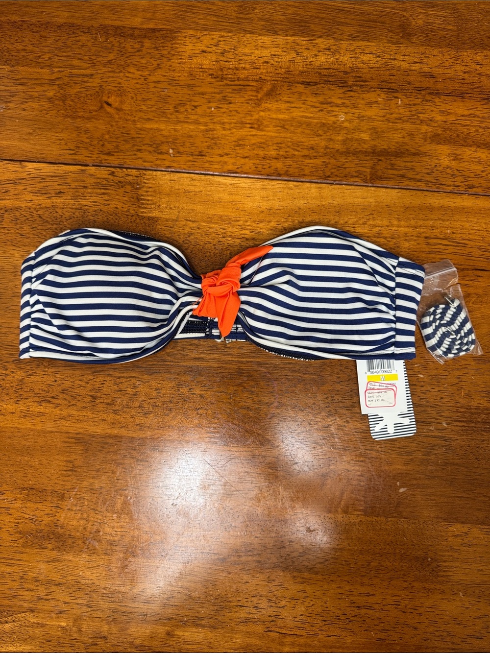 Navy Striped Bandeau Swim Top with Orange Knot